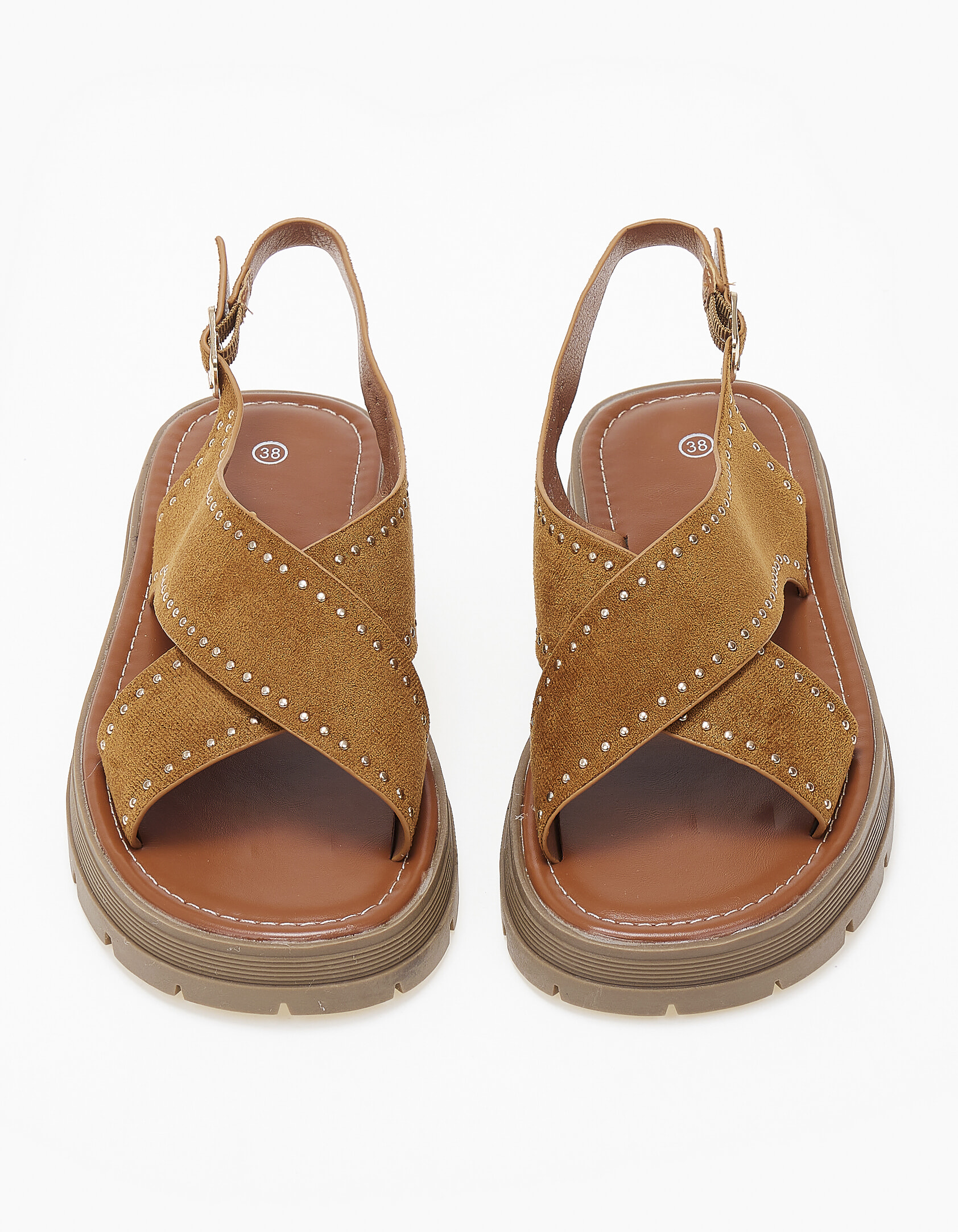 Σανδάλια flatform χιαστί με τρούκς και τρακτερωτή σόλα - Κάμελ φωτογραφία