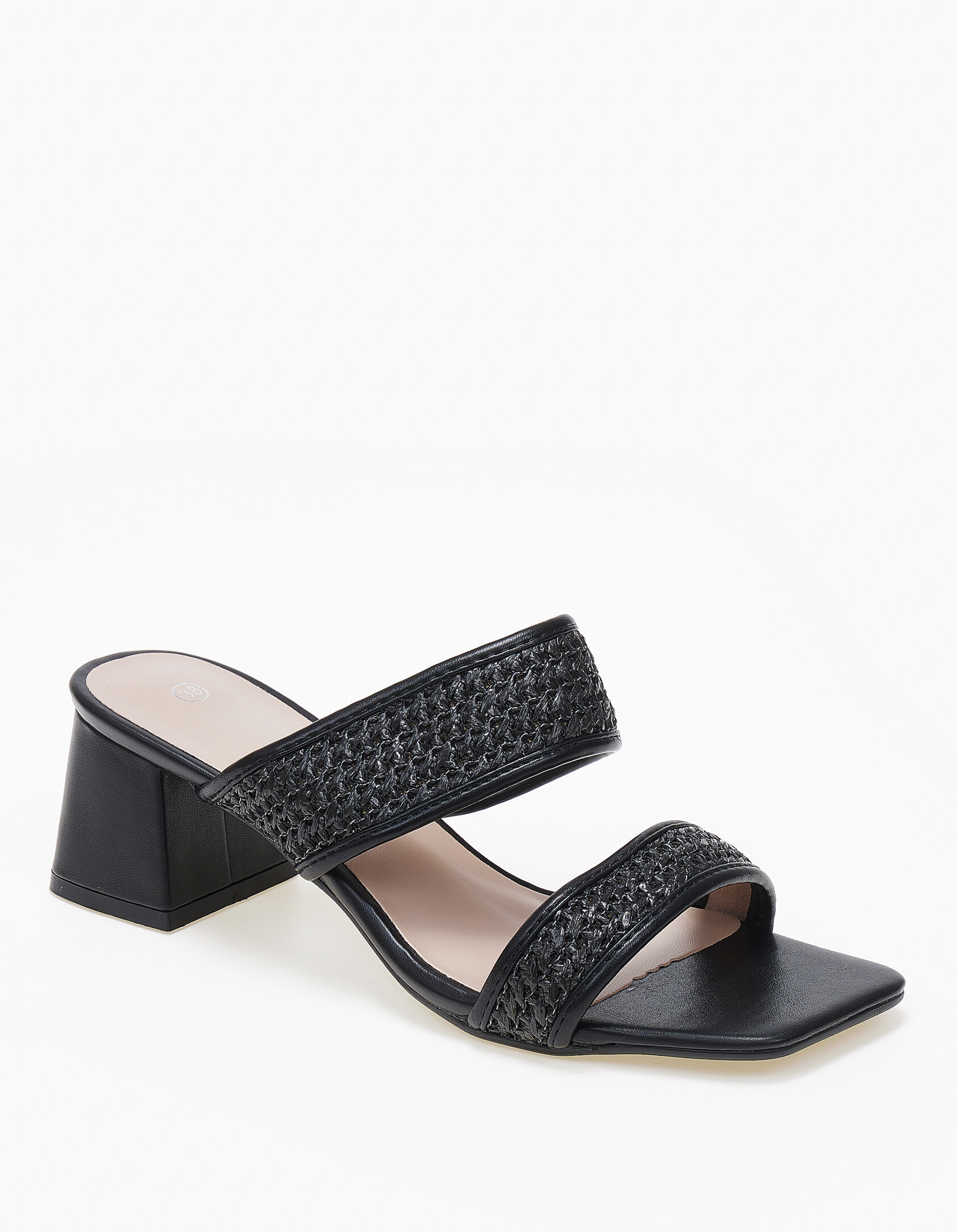 Χαμηλά mules με χοντρό τακούνι και σχέδιο ψάθας - Μαύρο φωτογραφία