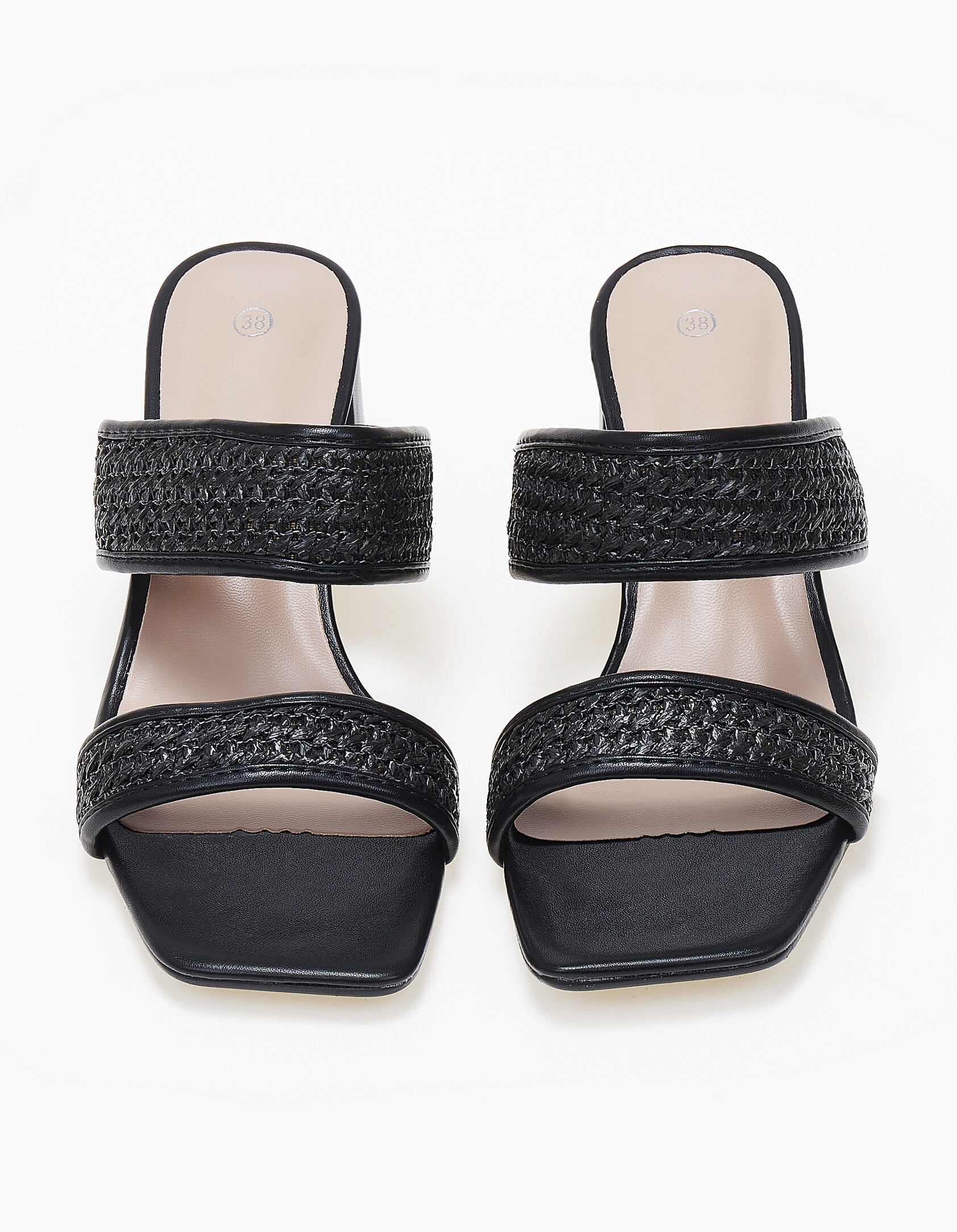 Χαμηλά mules με χοντρό τακούνι και σχέδιο ψάθας - Μαύρο φωτογραφία