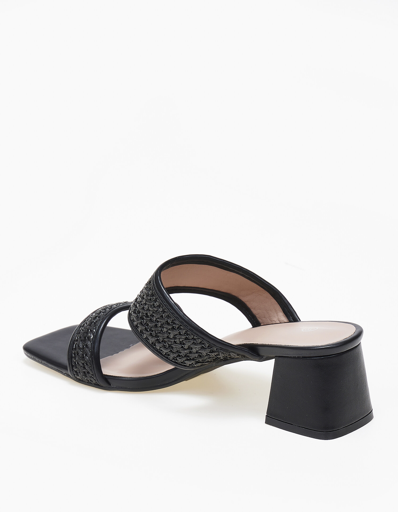 Χαμηλά mules με χοντρό τακούνι και σχέδιο ψάθας - Μαύρο φωτογραφία