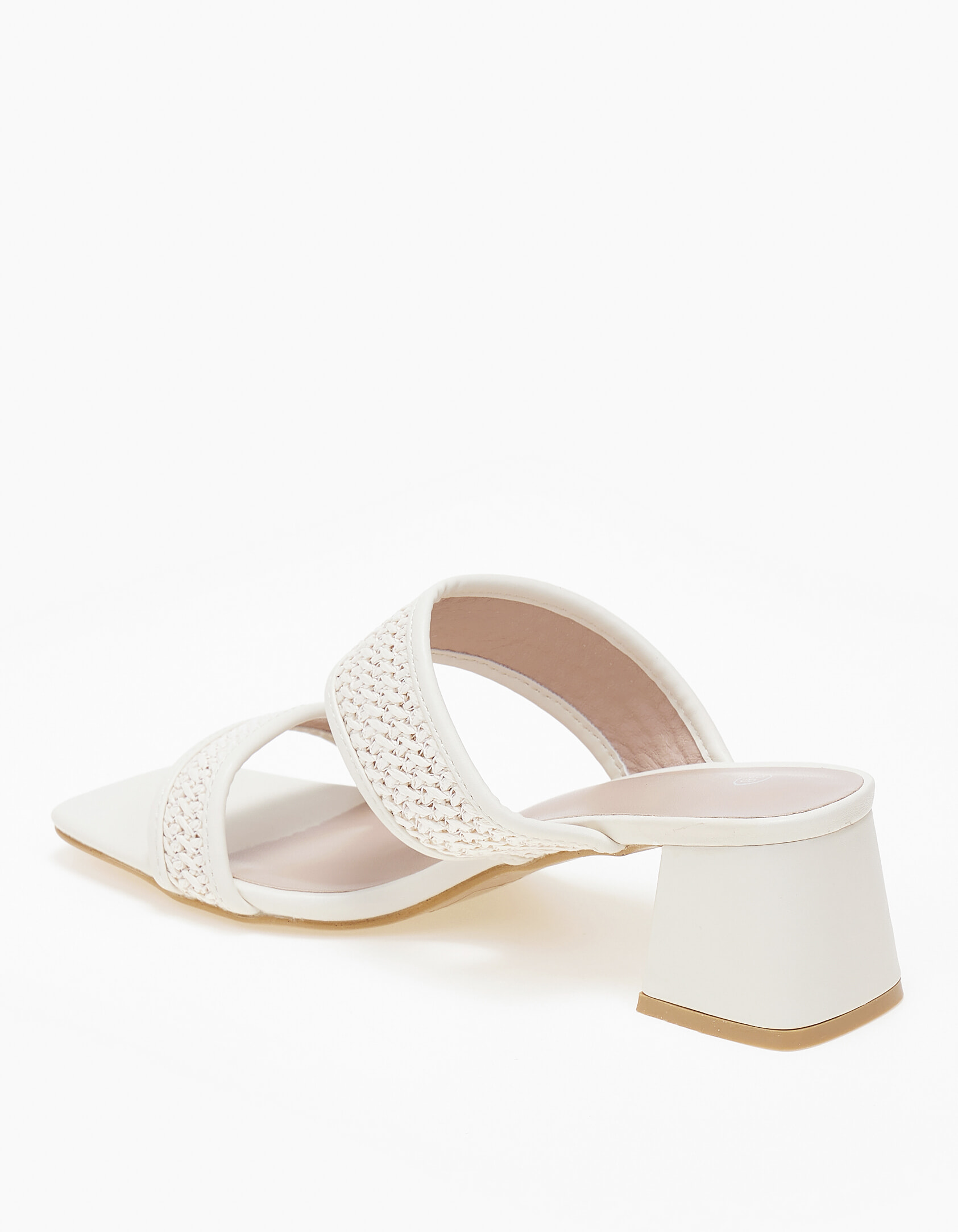 Χαμηλά mules με χοντρό τακούνι και σχέδιο ψάθας - Μπεζ φωτογραφία