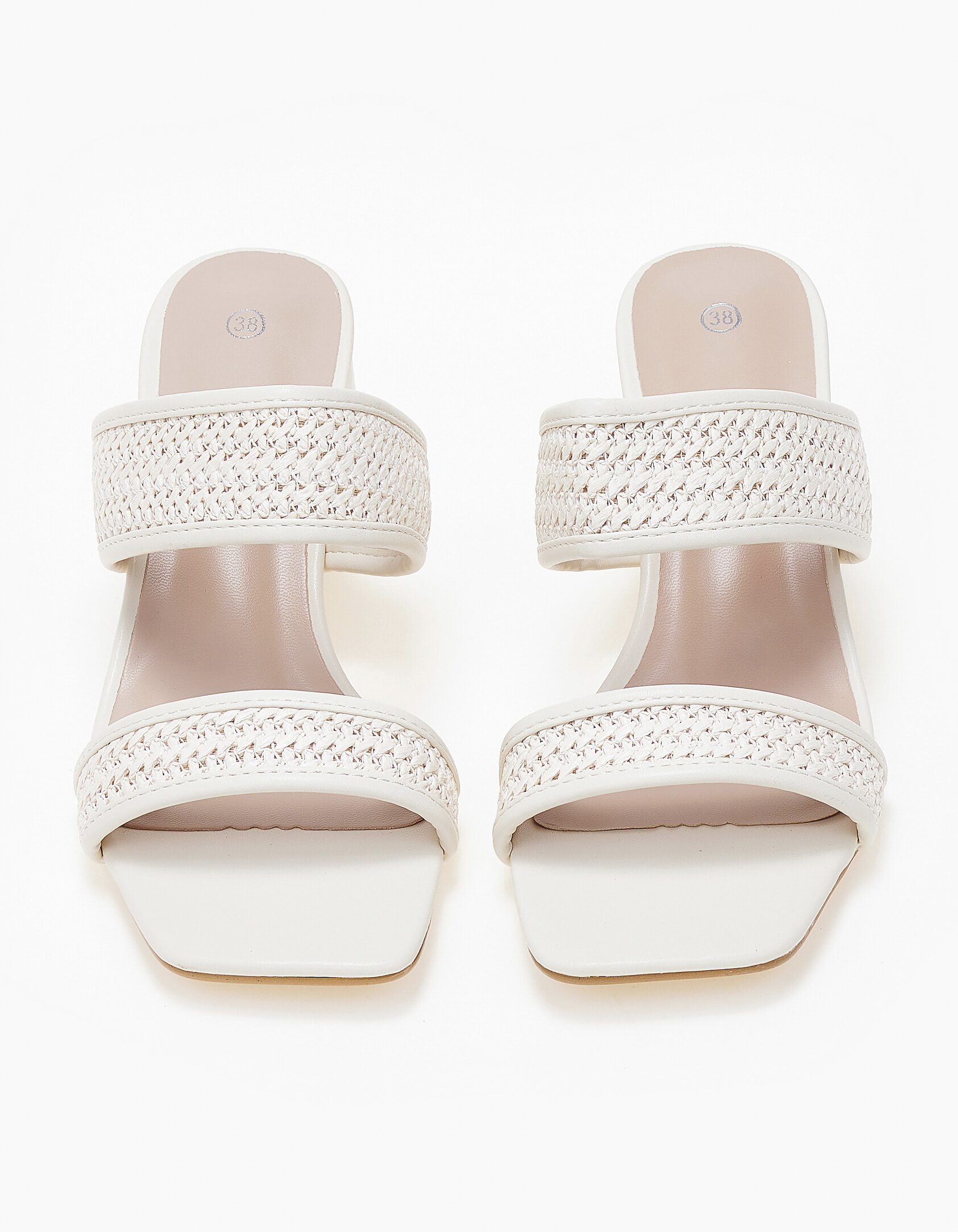 Χαμηλά mules με χοντρό τακούνι και σχέδιο ψάθας - Μπεζ φωτογραφία