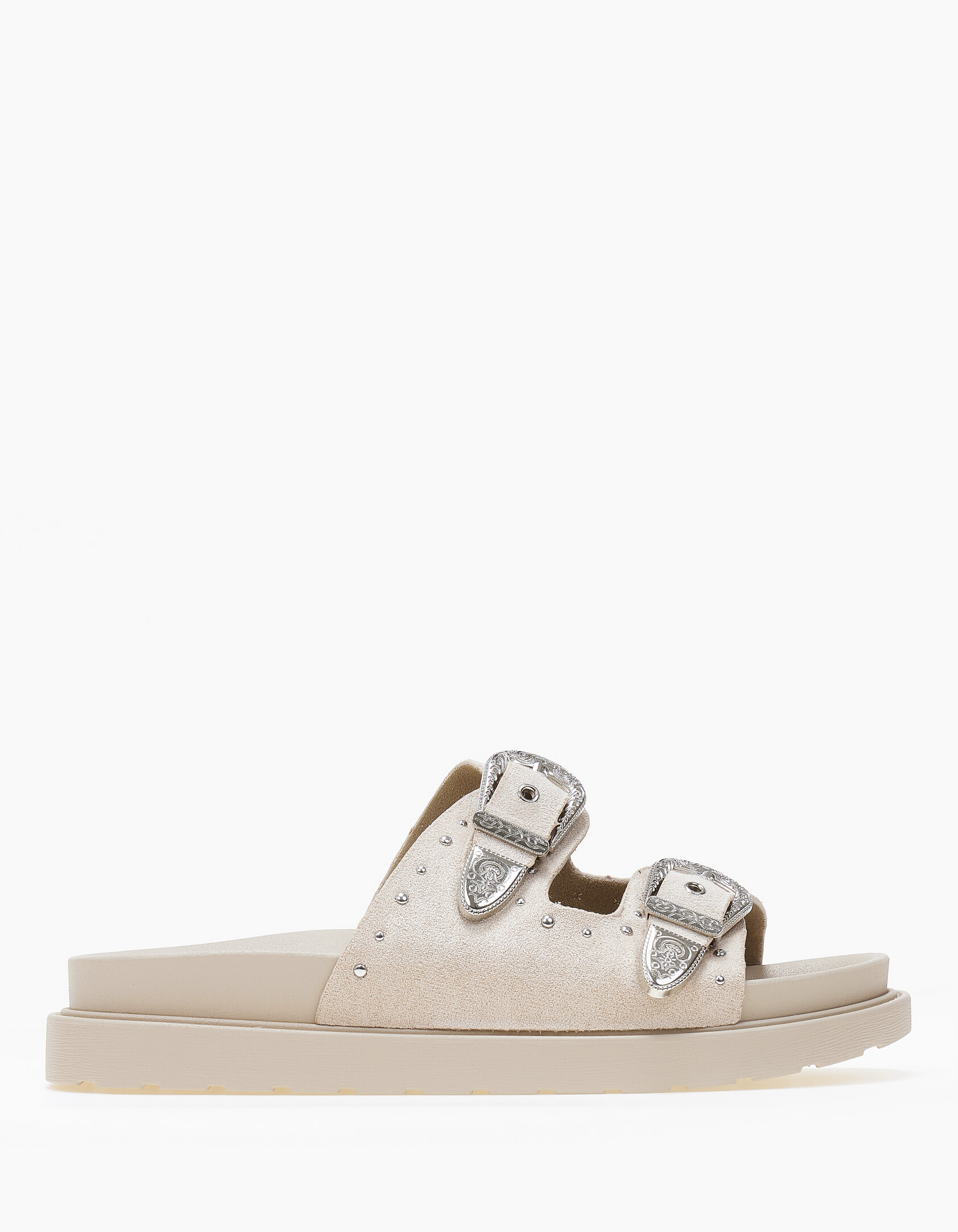 Σανδάλια flatform με suede υφή και αγκράφες - Μπεζ φωτογραφία