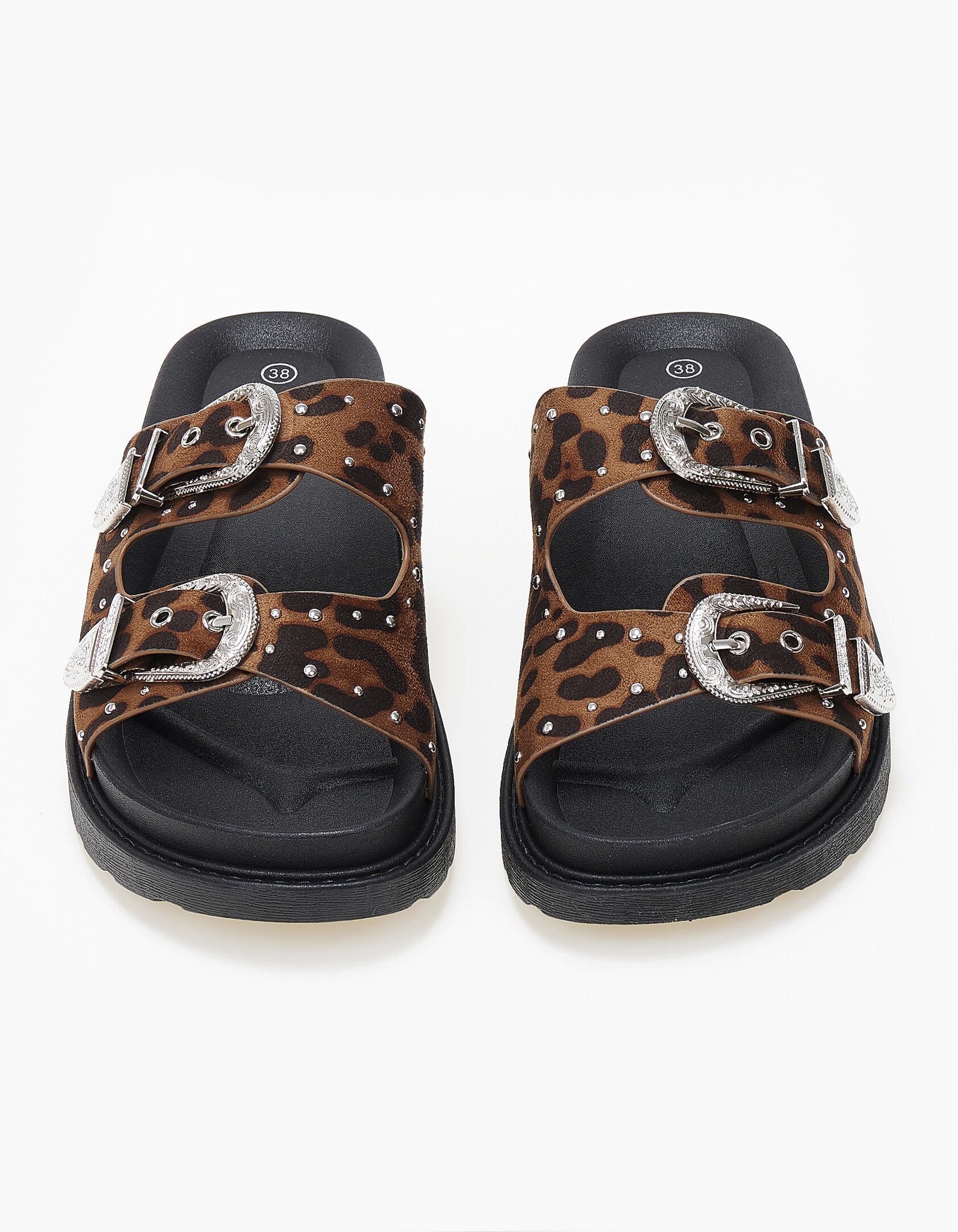 Σανδάλια flatform με suede υφή και αγκράφες - Λεοπάρ