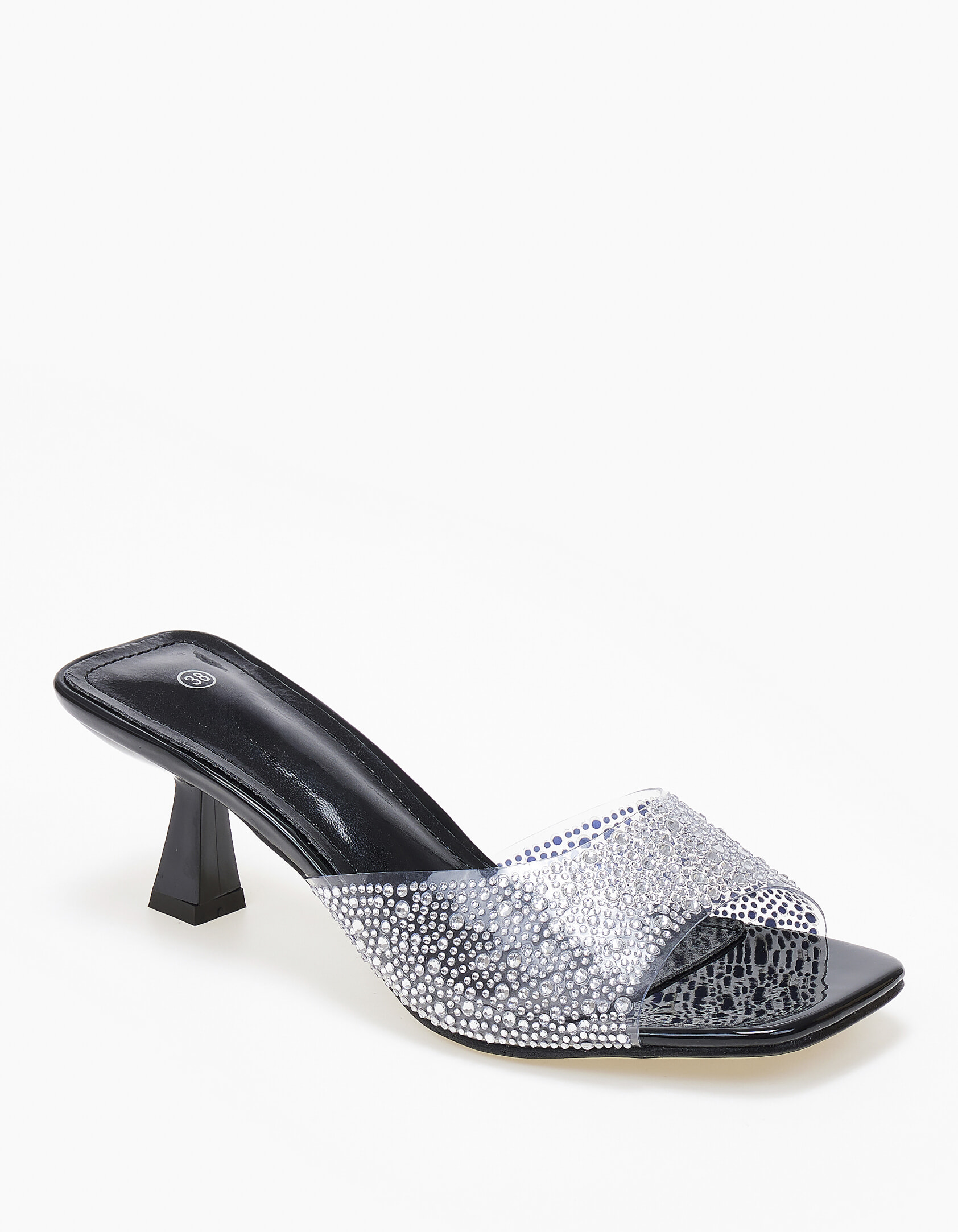 Mules σε καρέ γραμμή με διαφάνεια και στρας - Μαύρο