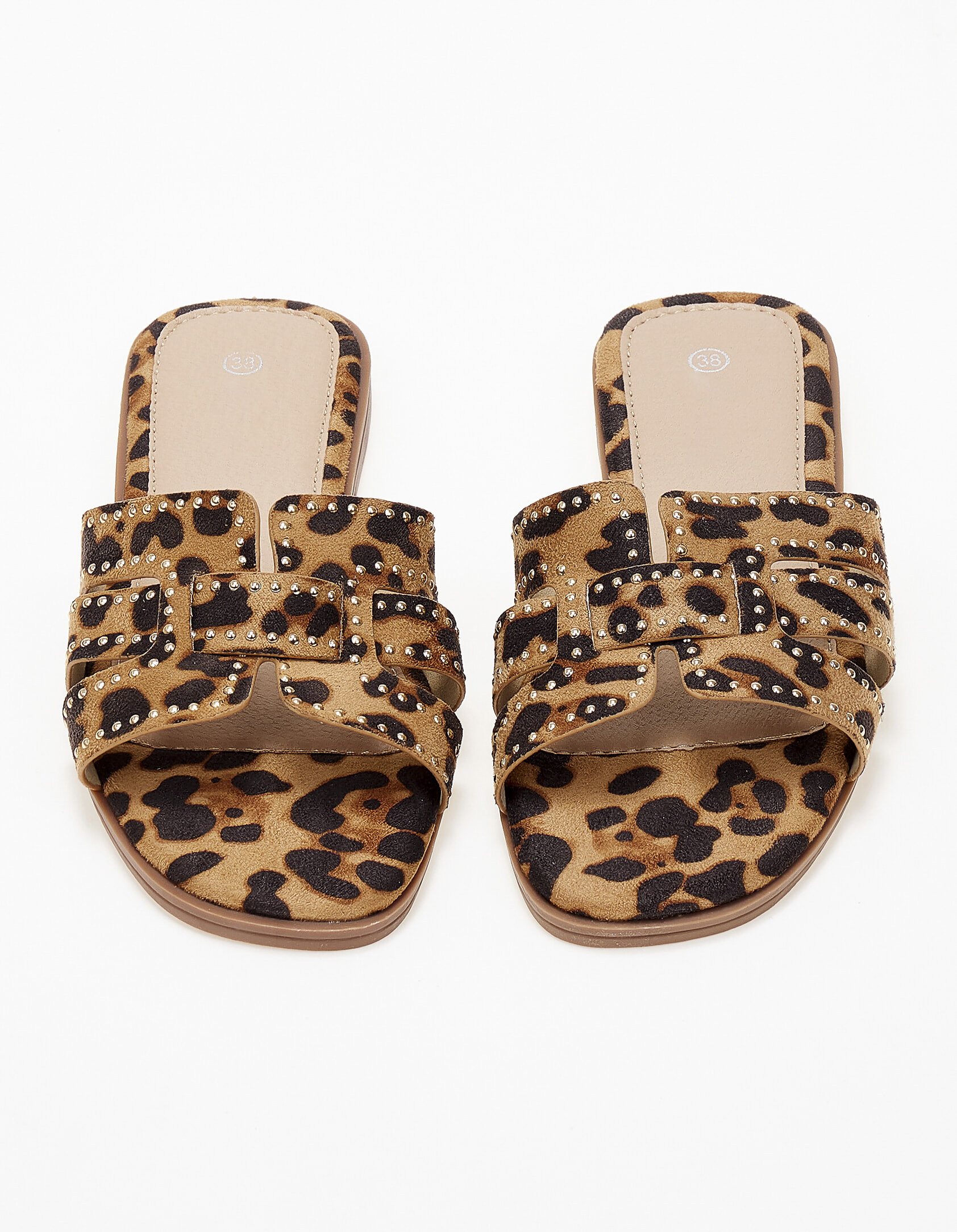 Φλάτ σανδάλια slides με suede υφή και τρουκς - Λεοπάρ
