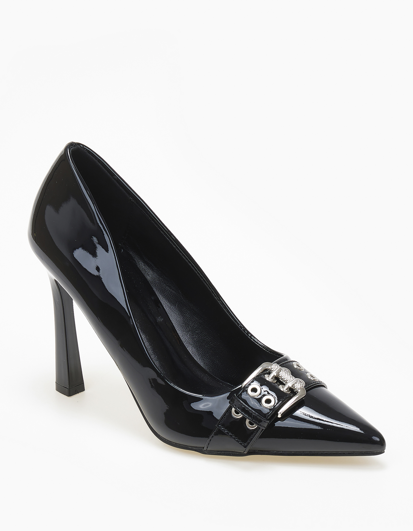 Ψηλές μυτερές γόβες με λεπτό τακούνι και αγκράφα - Μαύρο