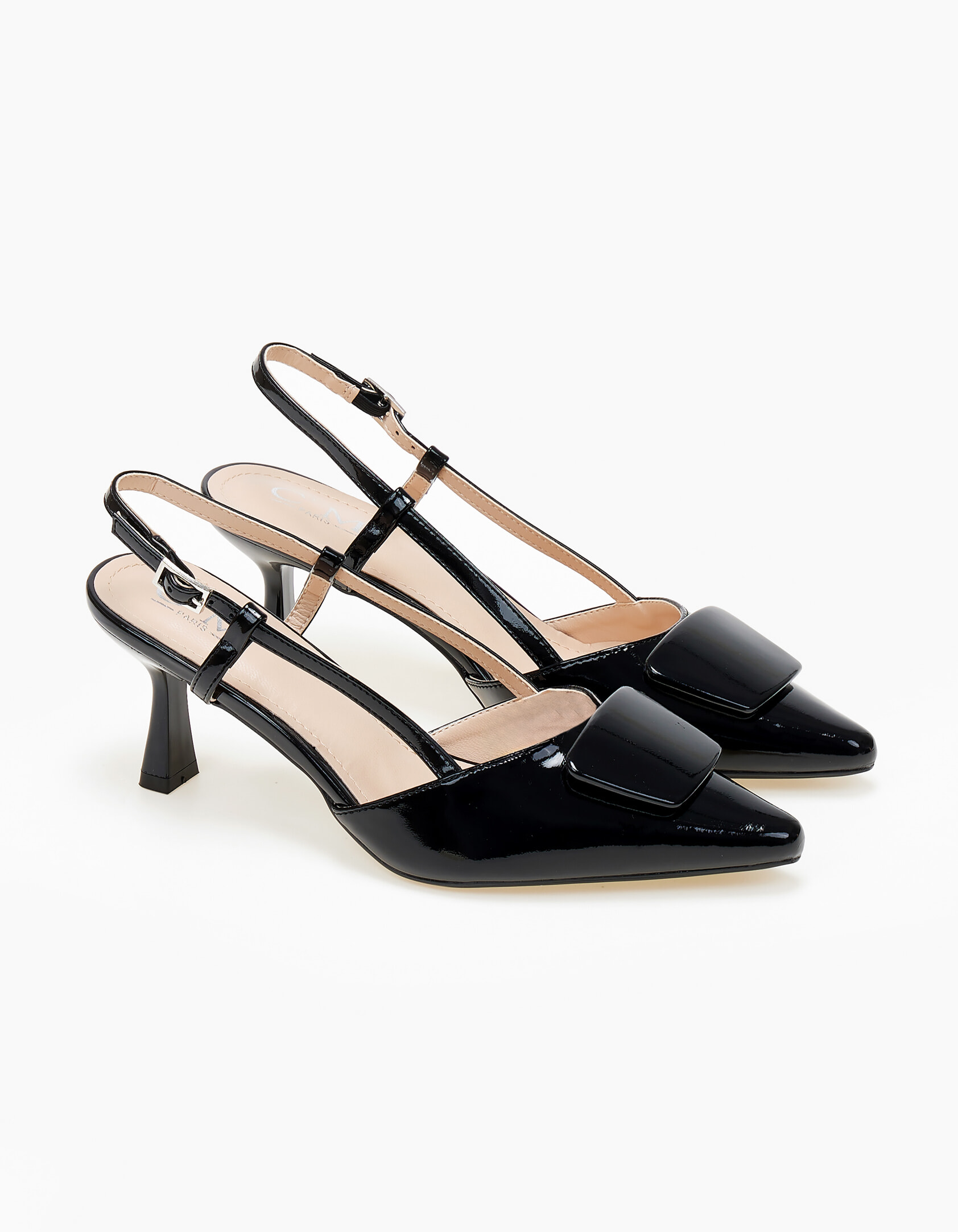 Slingback γόβες λουστρίνι με ιδιαίτερη τόκα - Μαύρο