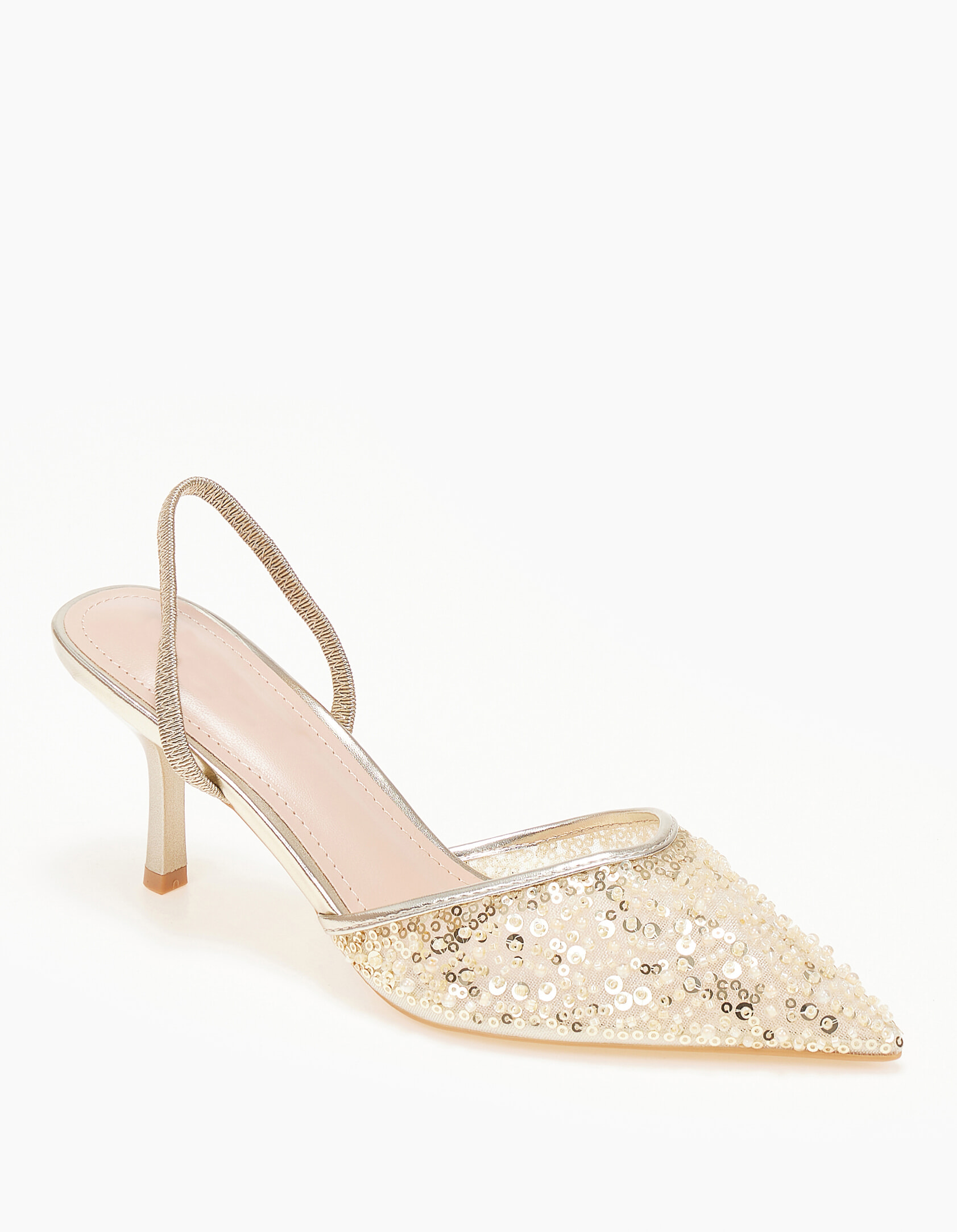 Slingback γόβες με διακοσμητικές χάντρες και πούλιες - Χρυσό