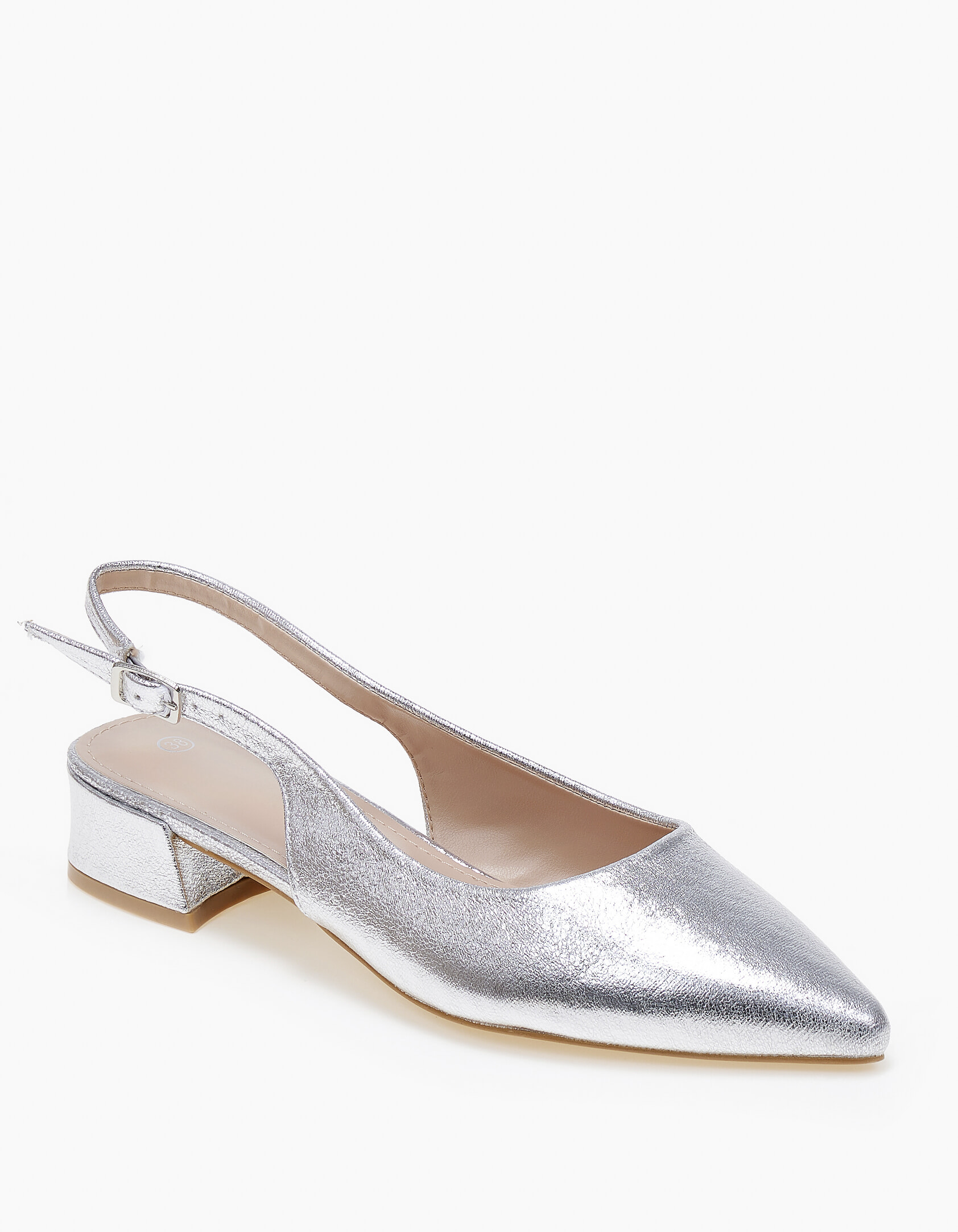 Χαμηλές μυτερές γόβες με χοντρό τακούνι - Ασημί