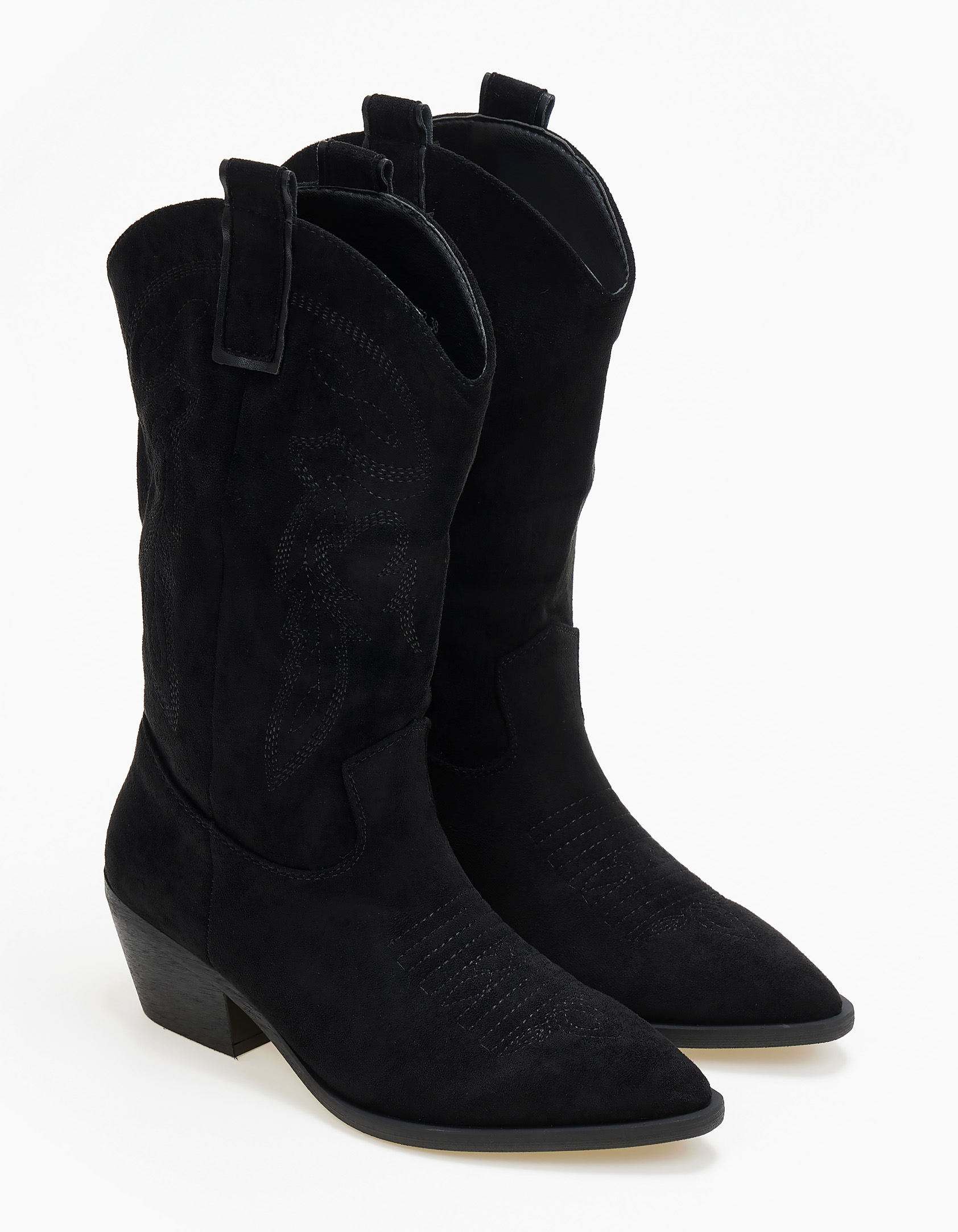 Suede cowboy μπότες με κέντημα - Μαύρο