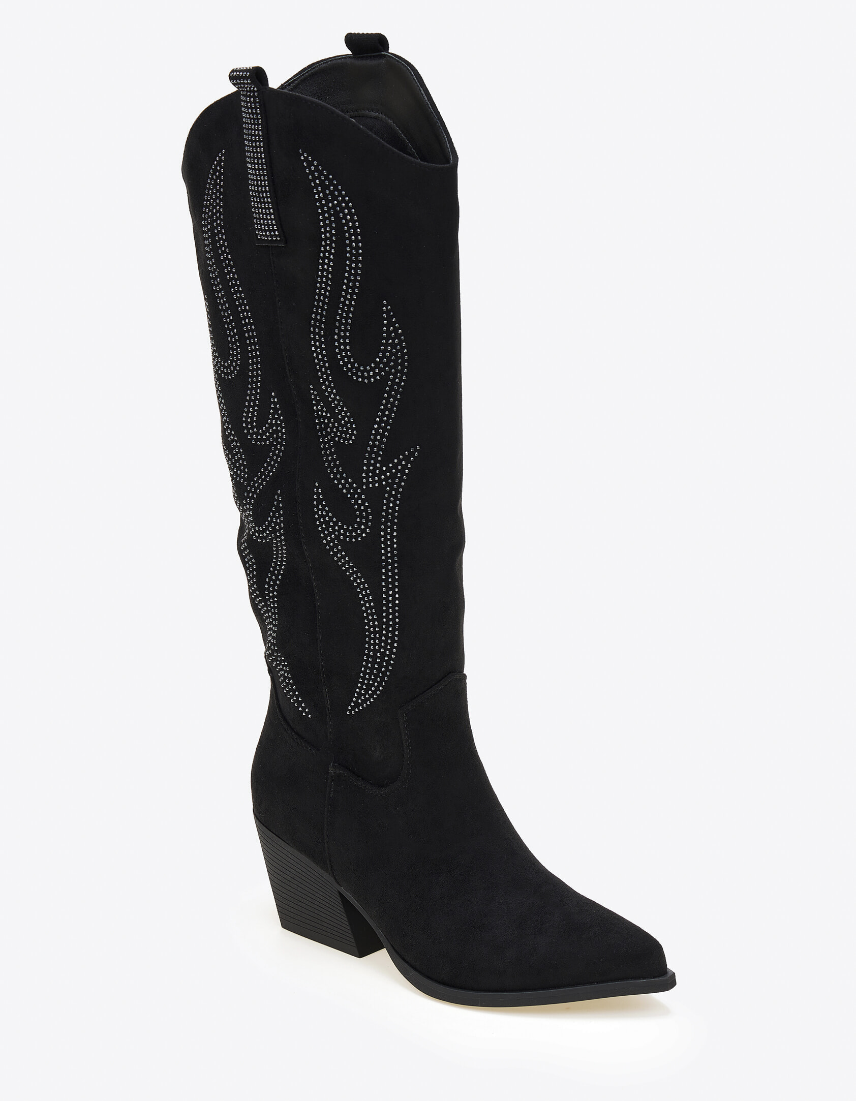 Suede cowboy μπότες με strass και διακοσμητικές φλόγες - Μαύρο