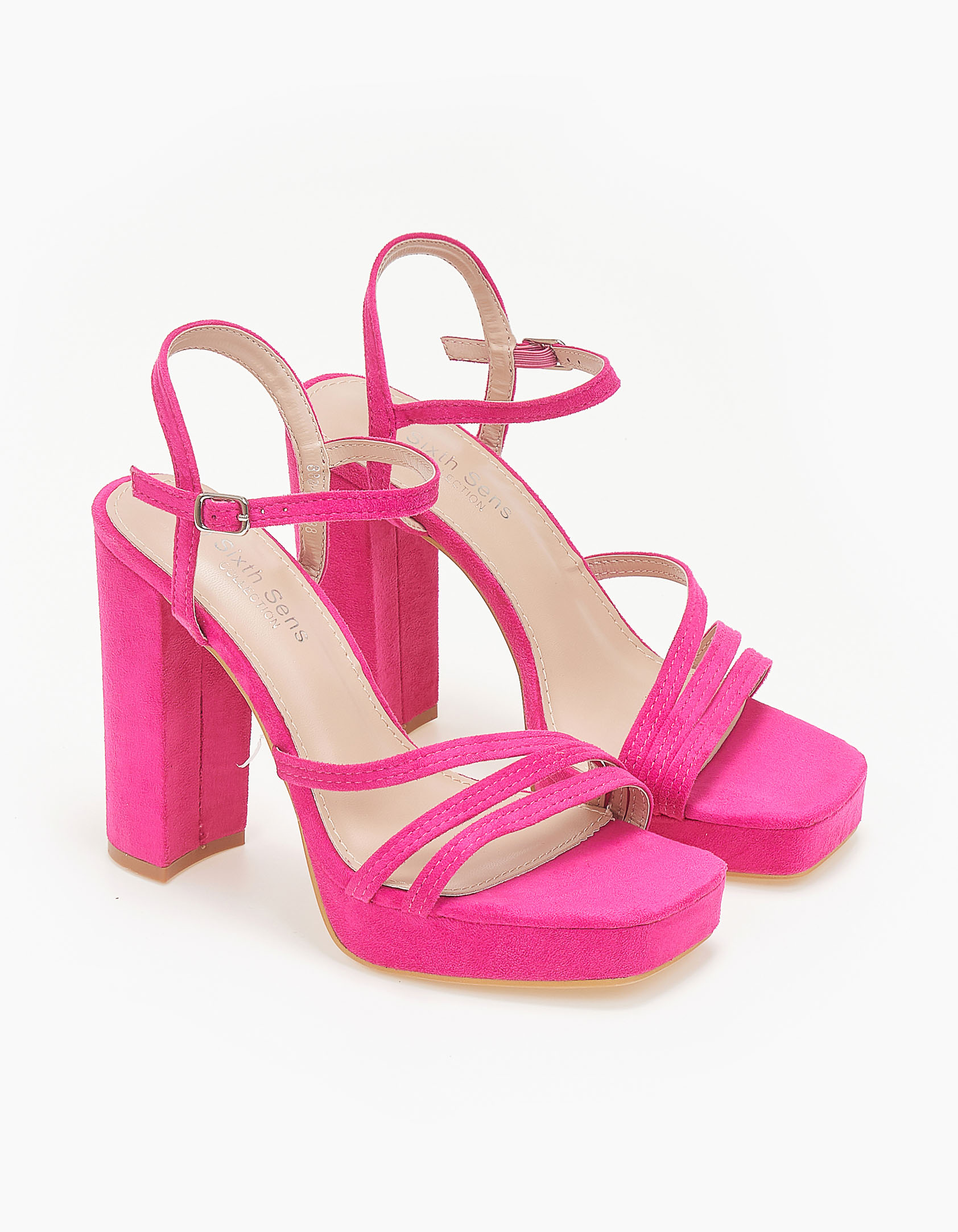 Suede πέδιλα με χοντρό τακούνι - Φούξια
