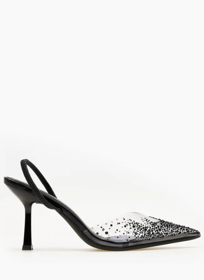 Μυτερές γόβες με strass και διαφάνεια