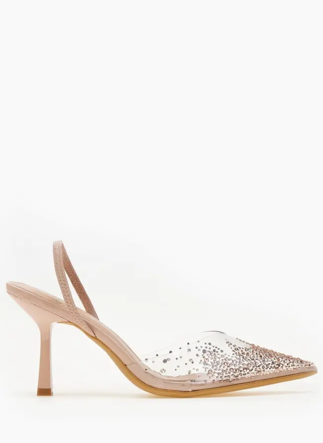 Μυτερές γόβες με strass και διαφάνεια