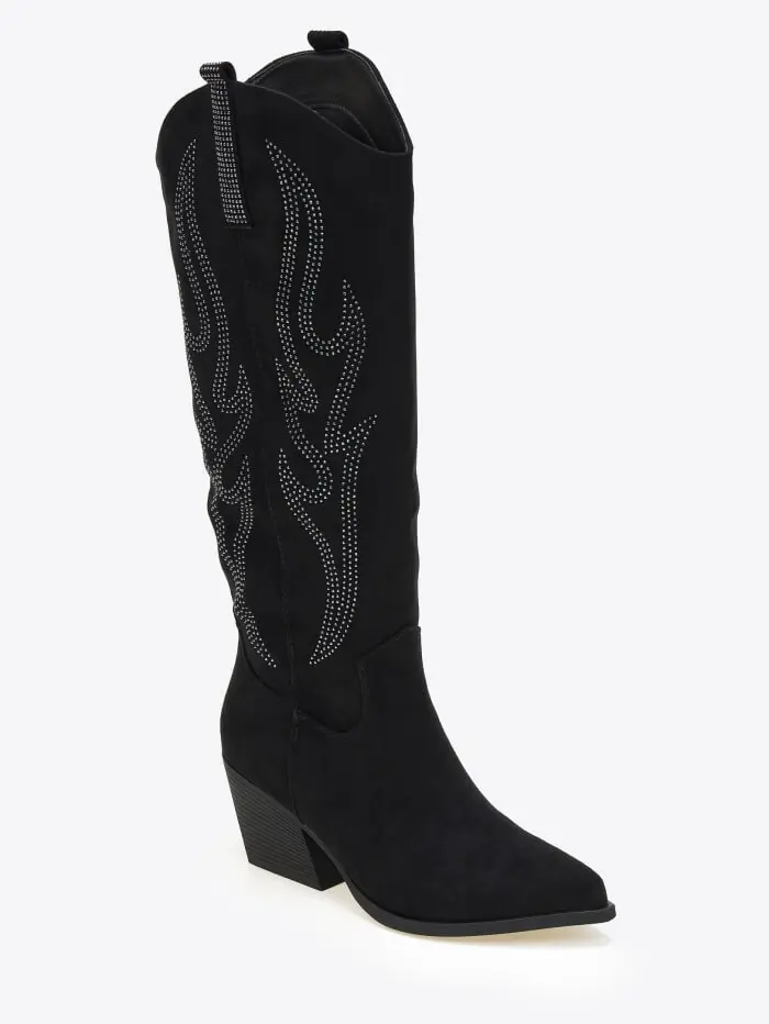 Suede cowboy μπότες με strass και διακοσμητικές φλόγες