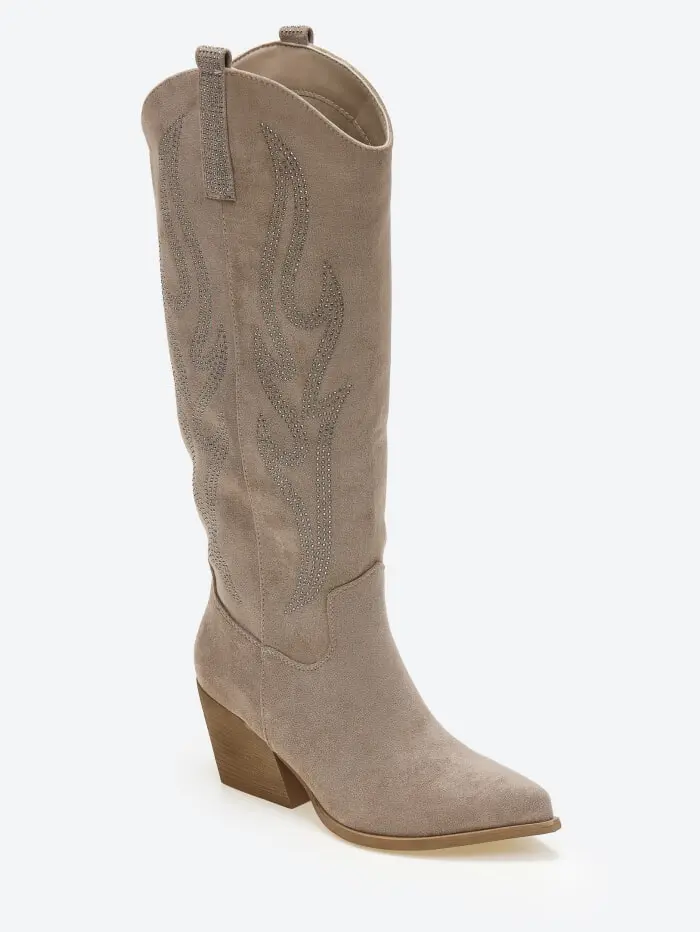 Suede cowboy μπότες με strass και διακοσμητικές φλόγες
