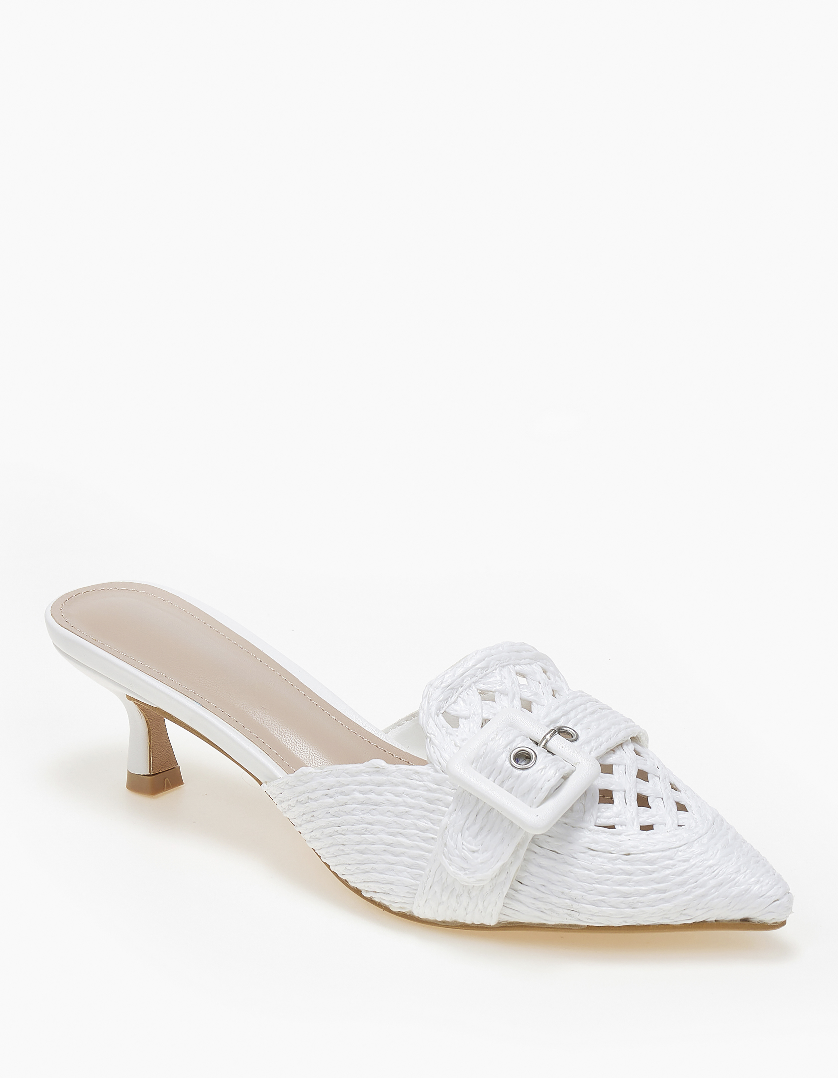 Issue Χαμηλά μυτερά mules με λεπτό τακούνι και σχέδιο ψάθας - Λευκό